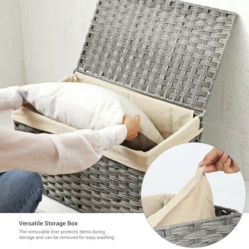 SONGMICS Storage Basket with Lid, Woven Blanket Storage Bin with Handles, Foldable, Removable Liner, Metal Frame, for Bedroom, Laundry Room, 42.3 Gallons (160 L), Gray URST76WG - color: Gray, size: 160 L