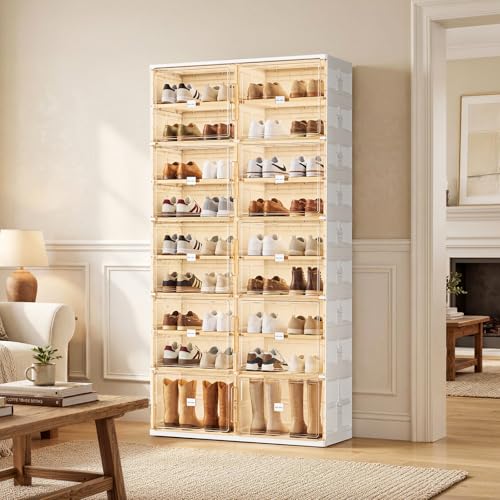 JEKO&JEKO 9 Tiers Foldable Boot and Shoe Storage Rack Cabinet for Closet Entryway, Large Collapsible Shoe Organizer with Magnetic Doors (White) - color: Double-row, size: 9 Tiers (8+1 Boots)