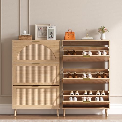 BORNOON Shoe Cabinet for Entryway with 3 Flip Drawers, Slim Wooden Shoe Storage Organizer with Modern Fluted Pannel，Freestanding Narrow Hidden Shoe Rack for Hallway, Foyer, Living Room - color: Oak, size: 3 Flip Drawers