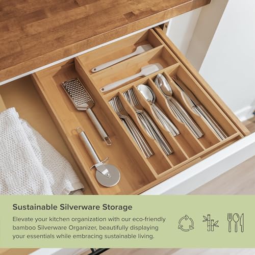 KitchenEdge Premium Silverware, Flatware and Utensil Organizer for Kitchen Drawers, Food-Safe Contract Grade, Expandable from 10.5 to 19 In, Natural Bamboo - color: Natural Bamboo, size: From 10.5" to 19" wide