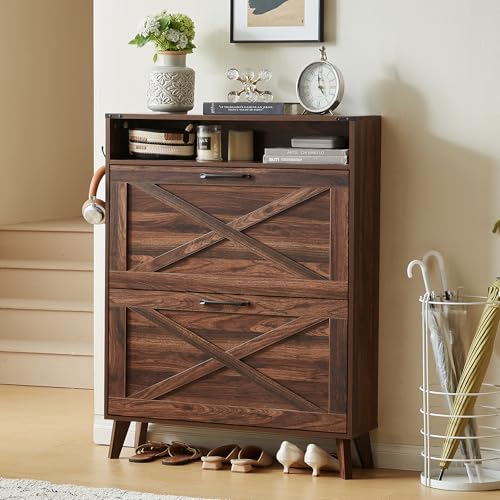 Joaxswe Shoe Cabinet Storage for Entryway with 2 Flip Drawers 2 Hook Open Storage Layer Rack Narrow Organizer Slim Hidden Wood Shoe Cabinet Furniture Walnut - color: Walnut