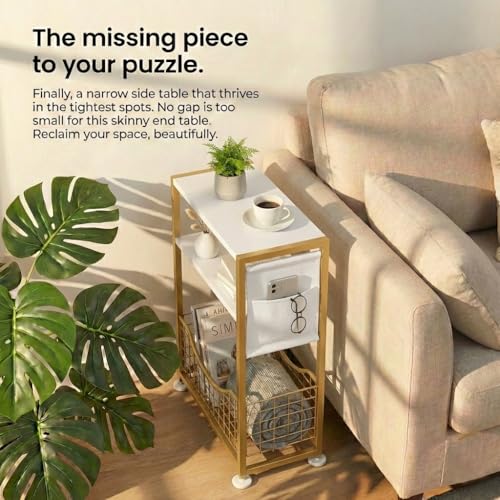 Skinny Side Table with Storage, 3 Tier Slim Side Tables for Small Spaces, Skinny End Table Narrow Bedside Table Narrow Side Table for Living Room, Bedroom - color: White Gold