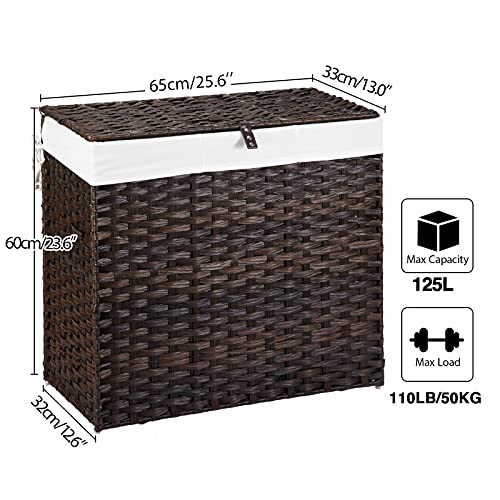 Greenstell Laundry Hamper with Lid, 125L Large Clothes Hamper with 3 Section & 2 Section Removable Liner Bags & 5 Mesh Laundry Bags, Handwoven Synthetic Rattan Divided Laundry Basket, Brown - color: Brown