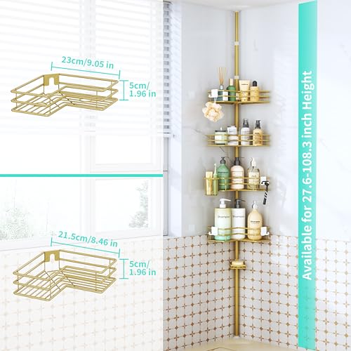 HapiRm Corner Shower Caddy Organizer - Shower Organizer Corner with Soap Holder, Toothbrush Holder and 4 Hooks, Rustproof Bathroom Shelf Tension Pole Available for 27.6 to 108.3 Inch - Gold - color: Gold