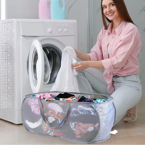 FACULX 2 Pack Up Hampers for Laundry, 3 Compartments Mesh Folding Laundry Basket Collapsible, Mesh Laundry Hamper for Laundry Room, Bathroom, Room, College Dorm or Travel (Grey and Black) - color: grey and black