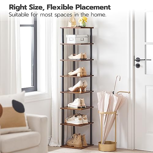 HOOBRO Vertical Shoe Rack, 8-Tier Narrow Shoe Shelf, Shoe Storage Organizer for Small Space, 11" L x 11" W x 53" H, Closet, Entryway, Hallway, Bedroom, Rustic Brown and Black BF22XJ01 - color: Rustic Brown + Black, size: 11"L x 11"W x 53"H