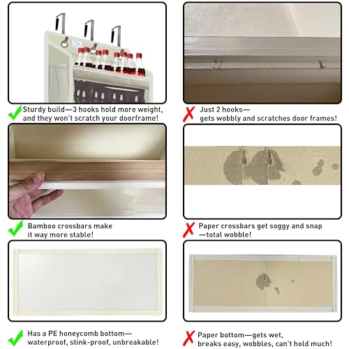 over the door organizer, Solid Bamboo Board (Not Plastic!) 6-Tier Heavy Duty 75LB, 12 Side Pockets, 3 Reinforced Hooks & Anti-Slip Pads, Waterproof & Washable, No Sagging, No Door Damage,Ivory - color: over door organizer-Ivory