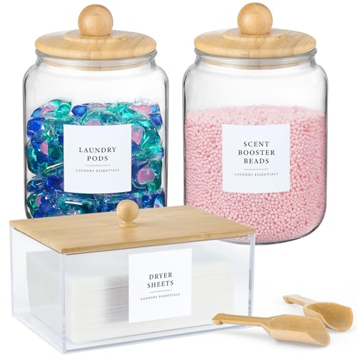 Glass Jars and Dryer Sheet Holder with Bamboo Lids, Dispenser Set and Labels, Containers for Laundry Room Organization and Storage, Half Gallon Airtight jars, Acrylic Storage Box for Laundry supplies - color: Bamboo