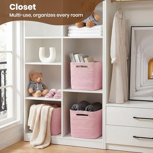 Storage Baskets for Organizing, 14 x 10 x 9” Closet Shelf Woven Baskets, Square Bins with Handles, Cotton Rope Basket for Toys, Clothes, Office, Room, Pink 3 Pack - color: Pink, size: 3pcs