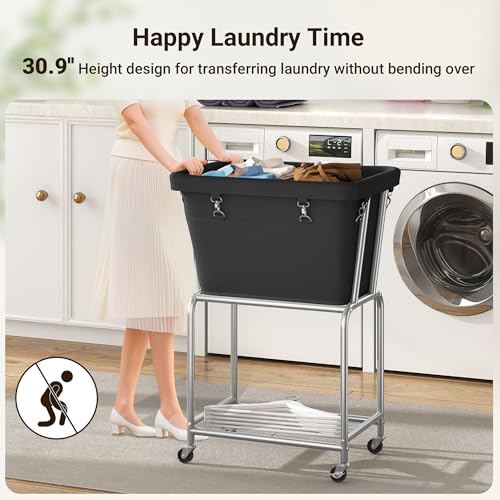 ELYKEN Rolling Laundry Hamper with Wheels, Laundry Cart with Removable Bag, Heavy Duty Metal Frame, 2-Tier Clothes Basket Hamper with Shelf for Closet, Bedroom, Bathroom, Laundry Room, Black - color: Black, size: 20.3"l X 15.9"w X 30.9"h