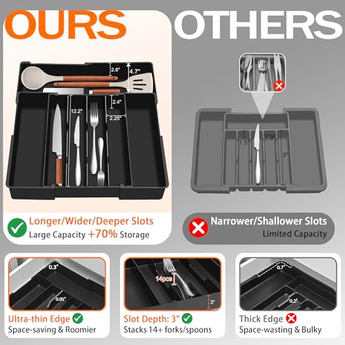 Spaclear Expandable Large Silverware Organizer - BPA-Free Food-Safe Utensil Drawer Organizer Adjustable Kitchen Drawer Organizer Flatware Cutlery Tray, Classified Storage for Spoons Forks Knives - color: Black