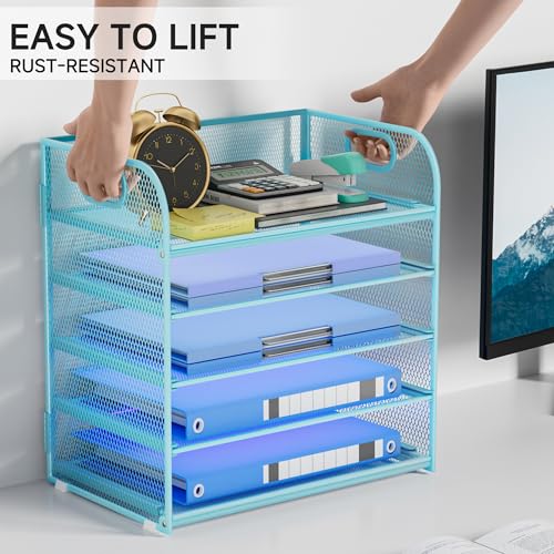 Paper Organizer Letter Tray with Handle Mesh 5-Tier Stackable Desk Organizer for Files/Paper/Office Supplies, Sturdy Carbon Steel Desk Organizer for Home Office & Classroom - color: Blue, size: 12.6" x 9.1" x 13.4"