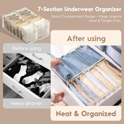 2-Pack Underwear Storage Organizer, 7-Compartment Foldable Drawer Divider for Home, Closet, and Travel Use, Mesh Fabric Organizer Box for Clothing - color: 2 Off White