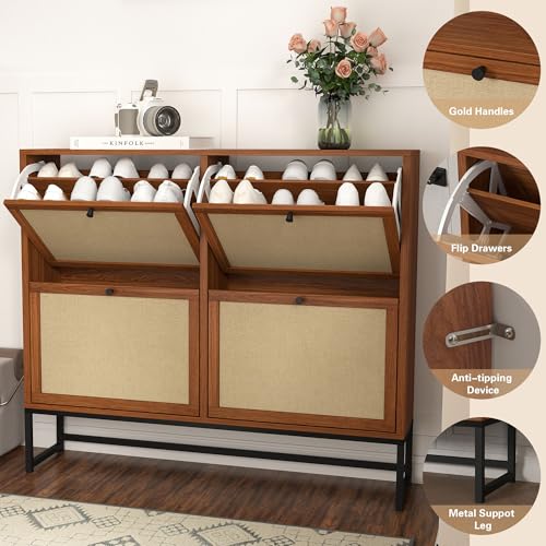 Shoe Cabinet, Shoe Storage Cabinet with 4 Flip Drawers, Freestanding Shoe Organizer Shoe Rack for Entryway, Hallway, Living Room (Walnut - 8 Tiers) - color: Walnut - 8 Tiers