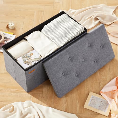 HAUSFRAU - Storage Ottoman Bench, 30 Inches Button Tufted Upholstered Ottoman Footstool with Storage for Living Room Bedroom Entryway, Load 660 lb, Linen Dark Gray - color: Dark Gray, size: 15"D x 30"W x 15"H
