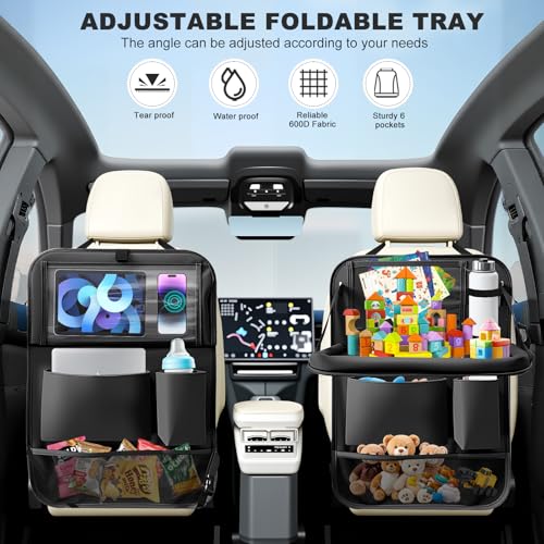 2Pack Car Backseat Organizer with Foldable Table Tray,6 Storage Pockets Car Storage Organizer with Tablet Holder,Car Seat Back Protectors Kick Mats Travel Accessories (Black) - color: Black, size: 2 Pack with Food Tray