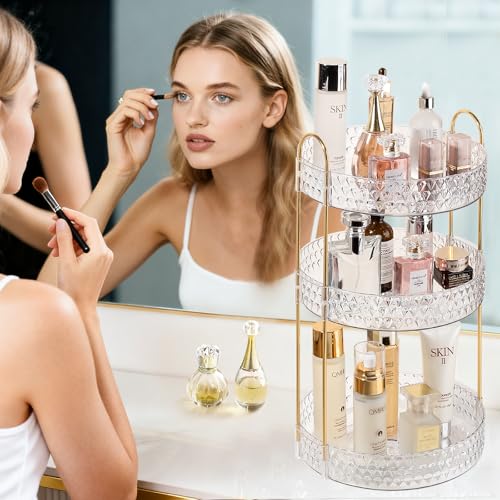 Rotating Makeup Organizer for Vanity, 3 Tier Perfume Skincare Storage for Women, Bathroom Counter Organizer, 360° Spinning Cosmetic Holder for Dresser Countertop, Clear - size: 3 Tier (Standard)