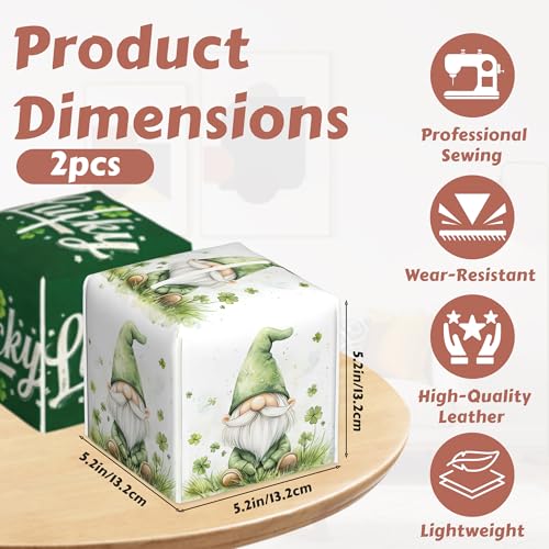 St.Patricks Day Tissue Box Cover Square,Lucky Four Leaf Clover Gnomes Tissue Box Holder Leather Facial Paper Case Modern Home Decoration for Bathroom Kitchen Bedroom Night Stands, 2 Pcs - color: Four Leaf Clover Gnomes