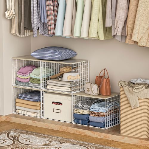 Extra-Long Closet Organizers and Storage with Top Board, 3 Pack Stackable Closet Shelf Organizer, Double Storage Design, Clothes Storage Cube/Bin/Basket for Wardrobe, Space-Saving, White,Sturdy,Metal - color: WHITE, size: 15.74"（L）*12"（W）*12.2"（H）