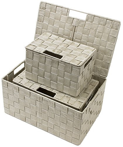 Sorbus Set of 3 Storage Baskets for Organizing with Lid – Mesh Hand-Woven Baskets for Closet, Shelf & Home Storage (Beige, Variety Pack) - color: Beige