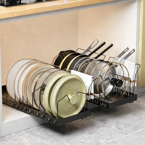 DTUQYX 2 Pack Pots and Pans Organizer Under Cabinet - Pull Out Pot and Pan Organizer Expandable Pot and Pan Lid Organizer with 10 Adjustable Dividers for Pot, Lid, Cutting Board, Dishes, Baking Tray - color: Black