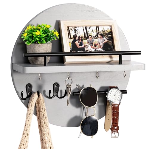 Key Holder for Wall Decorative with Shelf and Hooks, Unique Mail Organizer Wall Mount with Sunglasses Holder, Cute Circular Design Entryway Key Rack Hanger, Rustic Home Decor Boho Wall Decor (grey) - color: Gray