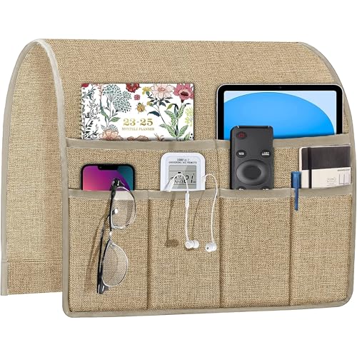 Joywell Arm Chair Caddy Remote Control Holder Organizer for Recliners Couch Armrest Organizer Non Slip with 6 Pocket Storage for Magazine, Tablet, Phone, iPad, Khaki - color: Khaki, size: 19'' x 35''