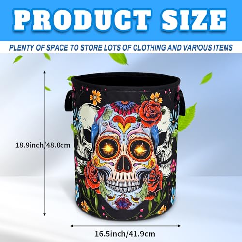 Sugar Skull Laundry Basket Skeleton Print Oxford Cloth Laundry Hamper With Handle Foldable Portable Clothes Storage Basket 18.9 X 16.5 In Storage Bag For Laundry Room/Bathroom/Bedroom/Dormitories - color: Sugar Skull