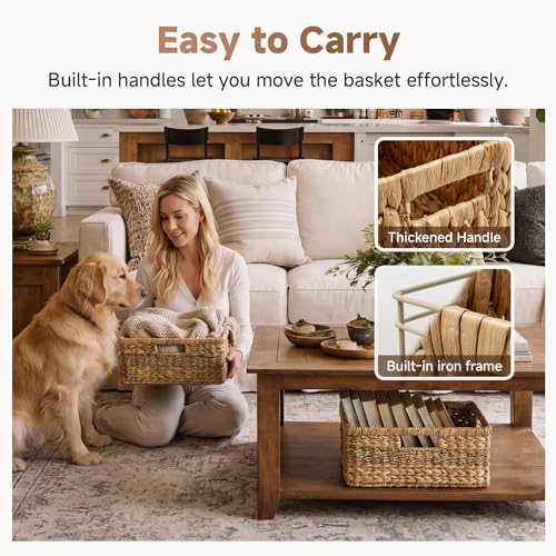 StorageWorks Large Rectangular Wicker Basket, Water Hyacinth and Seagrass Storage Basket with Built-in Handles, 1 Pack - color: Natural (Water Hyacinth with Seagrass), size: 15"L x 11"W x 6 ¾"H