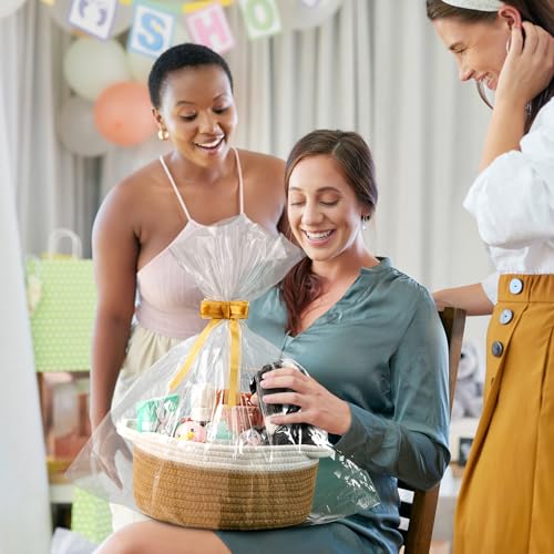 2 Pack Small Woven Basket with Gift Bags and Ribbons, Empty Decorative Gift Chest Box, Cute Baby Gift Basket for Nursery, Cotton Rope Room Shelf Storage Basket wi Handles, All 12"x 8"x 5",Yellow - color: Yellow