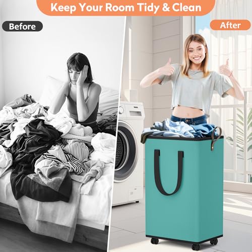 SpaceTrove Laundry Basket with Wheels, Collapsible Laundry Baskets, Laundry Hamper with Handles Detachable Wheels, Rolling Laundry Basket, Dirty Clothes Hamper for Bathroom, Dorm, Bedroom, Green, 80L - color: Green, size: 80L