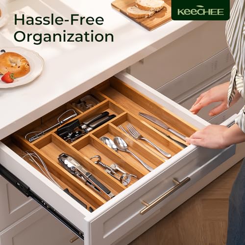 keechee Carbonized Bamboo Kitchen Drawer Organizer, 10 Slots Expandable Silverware Organizer, Utensil Holder & Cutlery Tray, 2.2" Deep for Extra Capacity, Non-Slip Feet Included - size: 10 Slots（Expandable）
