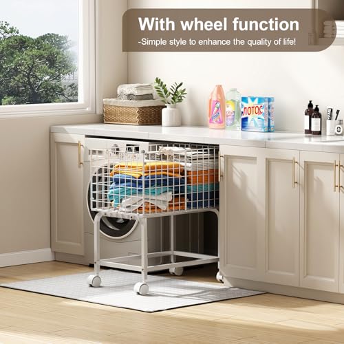 Wire Laundry Hamper Cart,80L Laundry Hamper Trolley with Pull Handle,White High Laundry Basket Cart for Laundry Room,Bathroom,Bedroom-White（23.6 * 15.75 * 28inch） - style: Medium Oblong-White