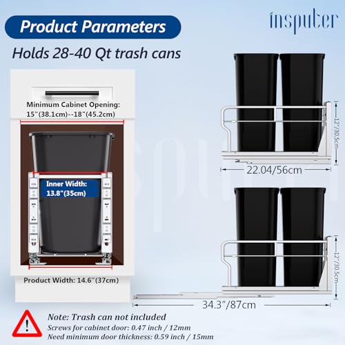 Insputer Dual Pull Out Trash Can Under Cabinet with Soft-Close Slides, Heavy Duty Under Sink Trash Can Kit for Kitchen Sink, Laundry, Garbage Can Not Included, Requires 17" W X 24" D Cabinets - size: Double