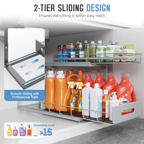 Under Sink Organizer Upgrade To Professional Rails,2-Tier Dual Pull Out Cabinet Storage,Height Adjustable Slide Out Drawers For Bathroom Kitchen,2 Pack-21"Dx12.8"-16.9"H,Gun Gray - color: Gun Gray, size: 2 Pack-21"Dx12.8"-16.9"H