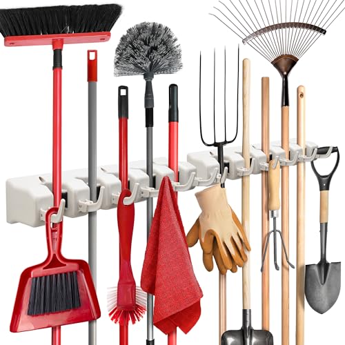 Mop and Broom Holder Wall Mount 2 Pack - Garage Storage Organizer with 5 Slots, 6 Hooks, 7.5lbs Capacity Per Slot - Home, Kitchen, Closet, Laundry Room Organization – Off-White Broom Hanger - color: Off-White, size: 2 Pack 5-position, 6-Hooks