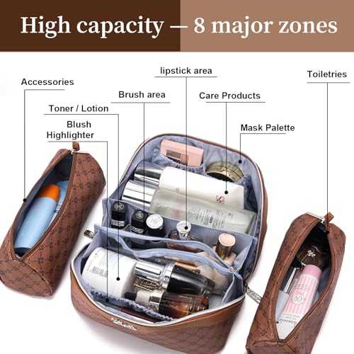 BOYATU Travel Makeup Bag Cosmetic Bags for Women: 3 Pcs Set Large Capacity Make up Bag with Handle - Vegan Leather Toiletry Bags with Compartments - Makeup Organizer for Travel Essentials(A-6-Brown) - color: A-6-Brown