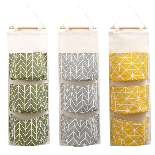 3-Pack Wall Hanging Storage Bags – Over-the-Door Organizers with 3 Large Pockets (6.3" × 5.1"), Hanging Closet & Pantry Organizer for Bedroom, Bathroom, Dorm, and More (Set of 3 Colors) - color: Set of 3 Colors