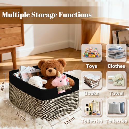 2 Pack Large Storage Basket for Organizing, 17.5"x13"x7" Woven Basket for Shelves, Closet Cube Storage Bins with Wrapped Handle, Cotton Rope Baskets for Kitchen, Clothes, Toys(Black & Brown) - color: Black & Brown, size: 2 Pack