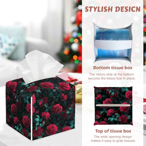Tissue Box Cover - Red Rose Flower Tissue Holder,Modern Floral Square Tissue Box Holder Leather Facial Paper Case Modern Home Decoration for Bathroom Kitchen Bedroom Night Stands, 2 Pcs - color: Red Rose Flower