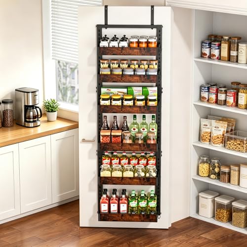 BUKFEN 6-Tier Over the Door Pantry Organizer, 2-in-1 Door Hanging or Wall Mounted Spice Rack, Heavy Duty Metal Storage Shelves with Adjustable Wooden Baskets for Kitchen Bathroom Closet - color: Black pole wood color, size: 6 Tier