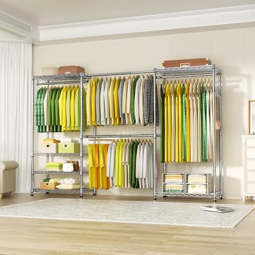 Ulif E1 Heavy Duty Closet Garment Rack, 6 Tiers Adjustable Metal Freestanding Expandable Clothing Storage with 4 Hanger Rods, Easy to Assemble Wardrobe, 71.4" H x (70" - 88.2") L x 14" D, Chrome - color: Chrome