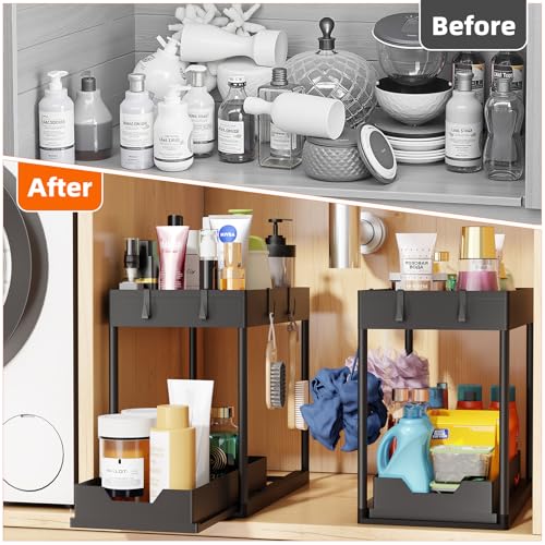 Simple Trending Under Sink Organizer 2 Pack, Sink Pull-Out Sliding Storage Cabinet, 2-Tier Under Shelf Organizer for Kitchen Bathroom, Black - color: Black, size: 2 pack