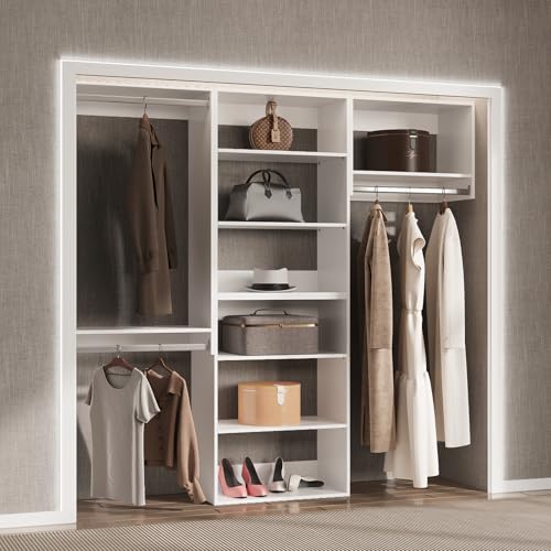 Modular Closet System, 78" Wide Closet Organizer System with Towers and Hanging, Wood Closet Tower Storage for Walk In Closets, Wall Mounted Wardrobe Organizer Kit System, Bedroom, White - color: White, size: 78" Wide, style: Tall Hanging + Double Hanging