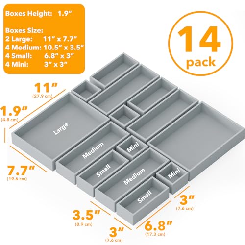 SpaceAid 14-Piece Bamboo Drawer Organizer Storage Boxes Set, Wood Tray Junk Drawer Organizers Multi-Use Divider Bins for Kitchen, Bathroom, Office Desk and Makeup Organization (14 Pack, Gray) - color: Gray