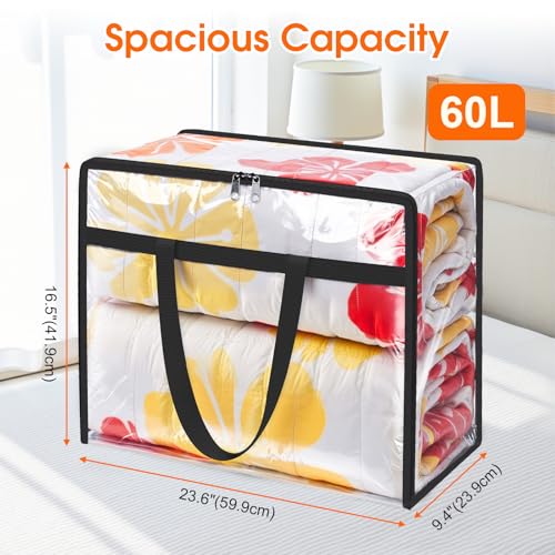 SpaceTrove Clear Clothes Storage Bags, 6 Pack Closet Organizers and Under Bed Storage Containers, Foldable Moving Bags with Zippers for Comforter, Blanket, Bedding, Duvet, PVC Packing Bags 60L - size: 60L