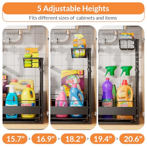 Expandable Under Sink Organizer with 5-Level Height Adjustment,2 Tier Under Sink Organizer Pull-Out Under Sink Drawers Cabinet Organizer for Kitchen & Bathroom Storage,Black,Large - size: large