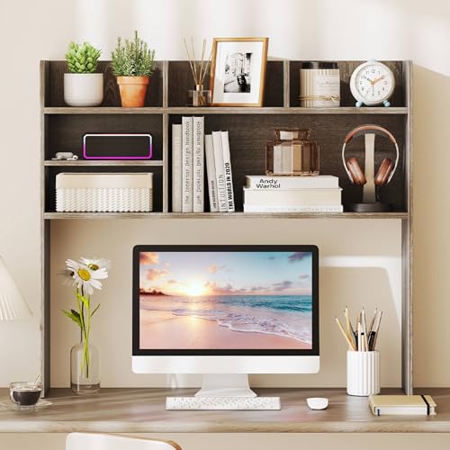 Tangkula Desktop Bookshelf for Computer Up to 32”, 37” Countertop Storage Hutch with 6 Storage Shelves, 3-Tier Desktop Organizer Display Rack, Wooden Desk Hutch for Dorm Home Office (Grey,6 Shelves) - color: Grey, size: 6 Shelves