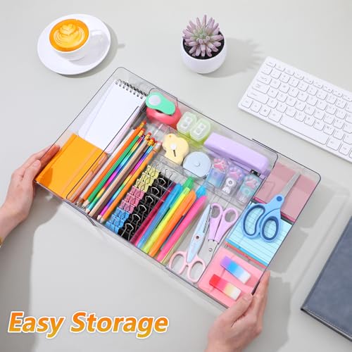 2 Pcs Large Expandable Desk Drawer Organizer, Adjustable Drawer Dividers Tray with Compartments for Organizing Pens, Pencils, Paper Clips and Sticky Notes, Office, Kitchen, Desk Supplies