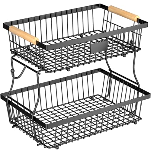 2 Tier Fruit Basket for Kitchen Counter with 2 Banana Hangers, Countertop Metal Bread Basket with Wooden Handle, Large Storage Stand for Vegetables, Snacks, Eggs, Produce Storage – Black - color: Black, size: 2 Tier